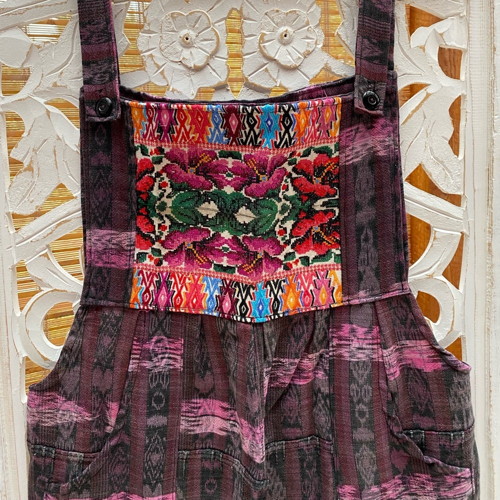 Bohemian, embroidered overalls - purple pink floral jumpsuit - Medium